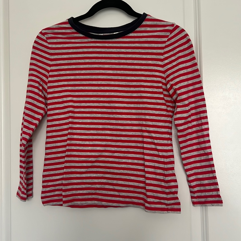 1901 Ribbed Crew Neck Long Sleeve Top in Red Grey Stripe XXS Petite